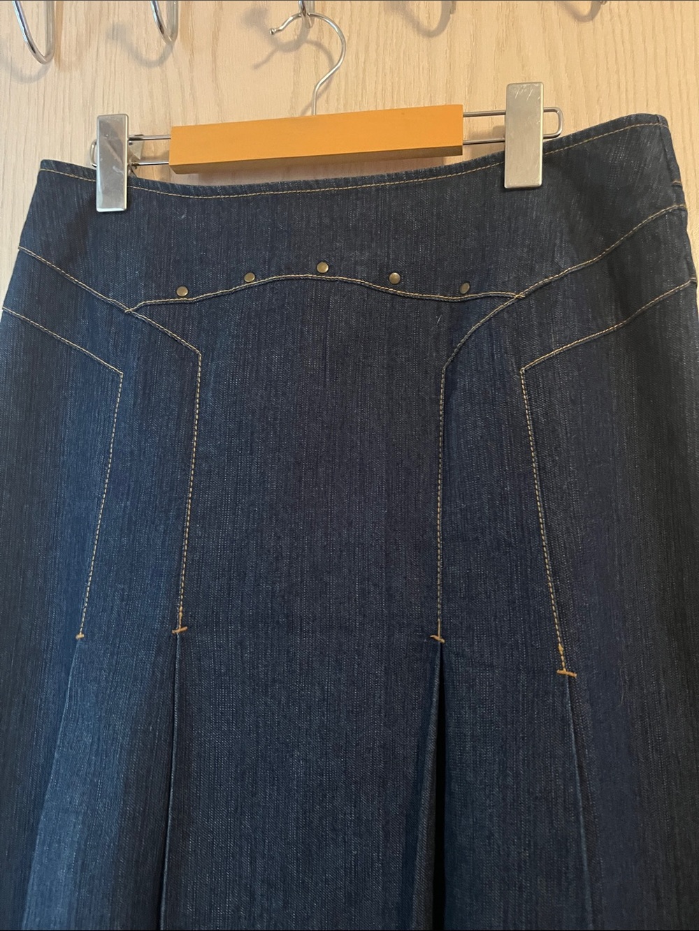Dark Blue Denim A-Line Skirt with Decorative Stud and Bead Accents - Picture 2 of 11